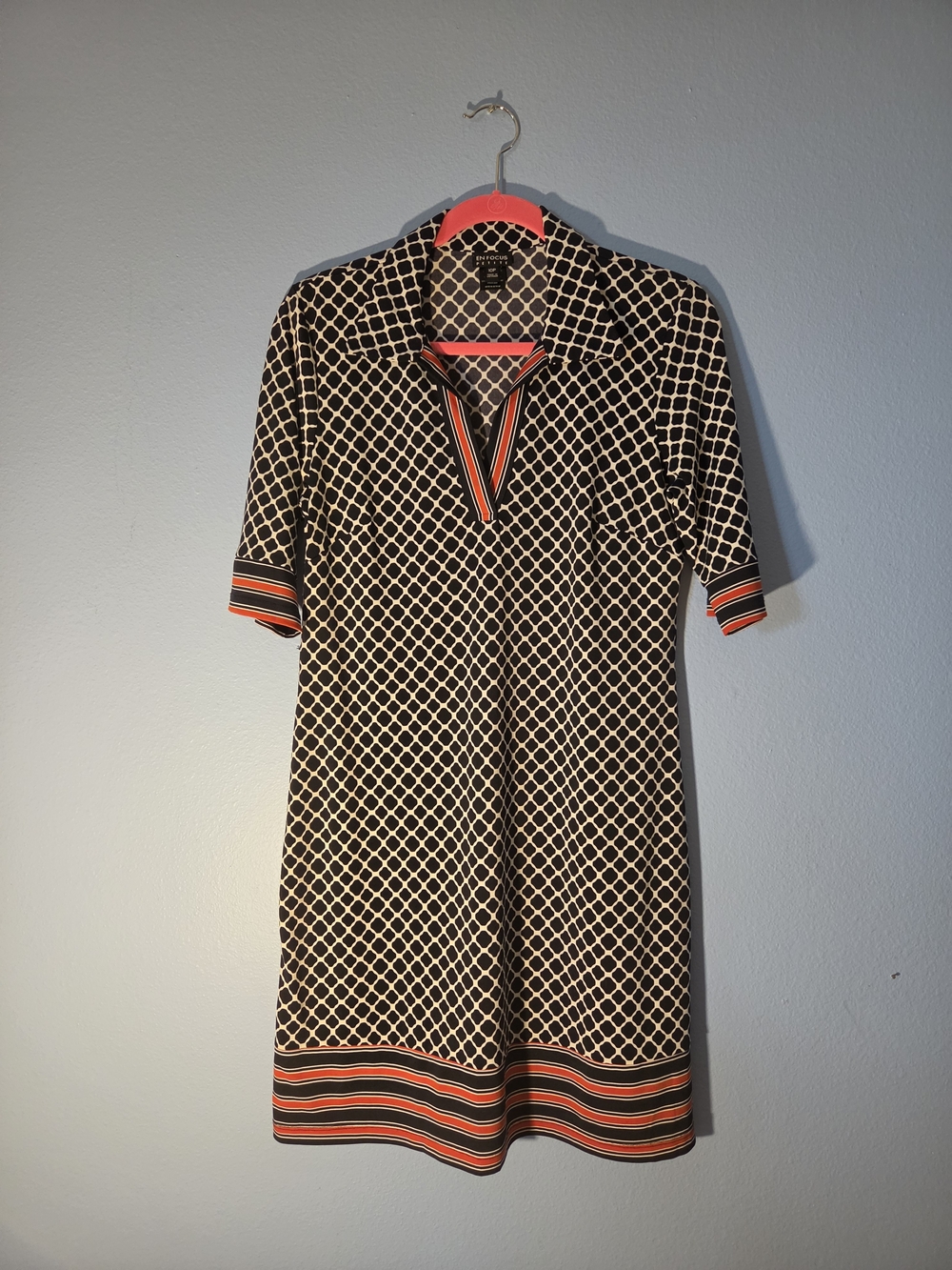 Enfocus Studio Black & White Geometric Polo Midi Dress with Red Trim